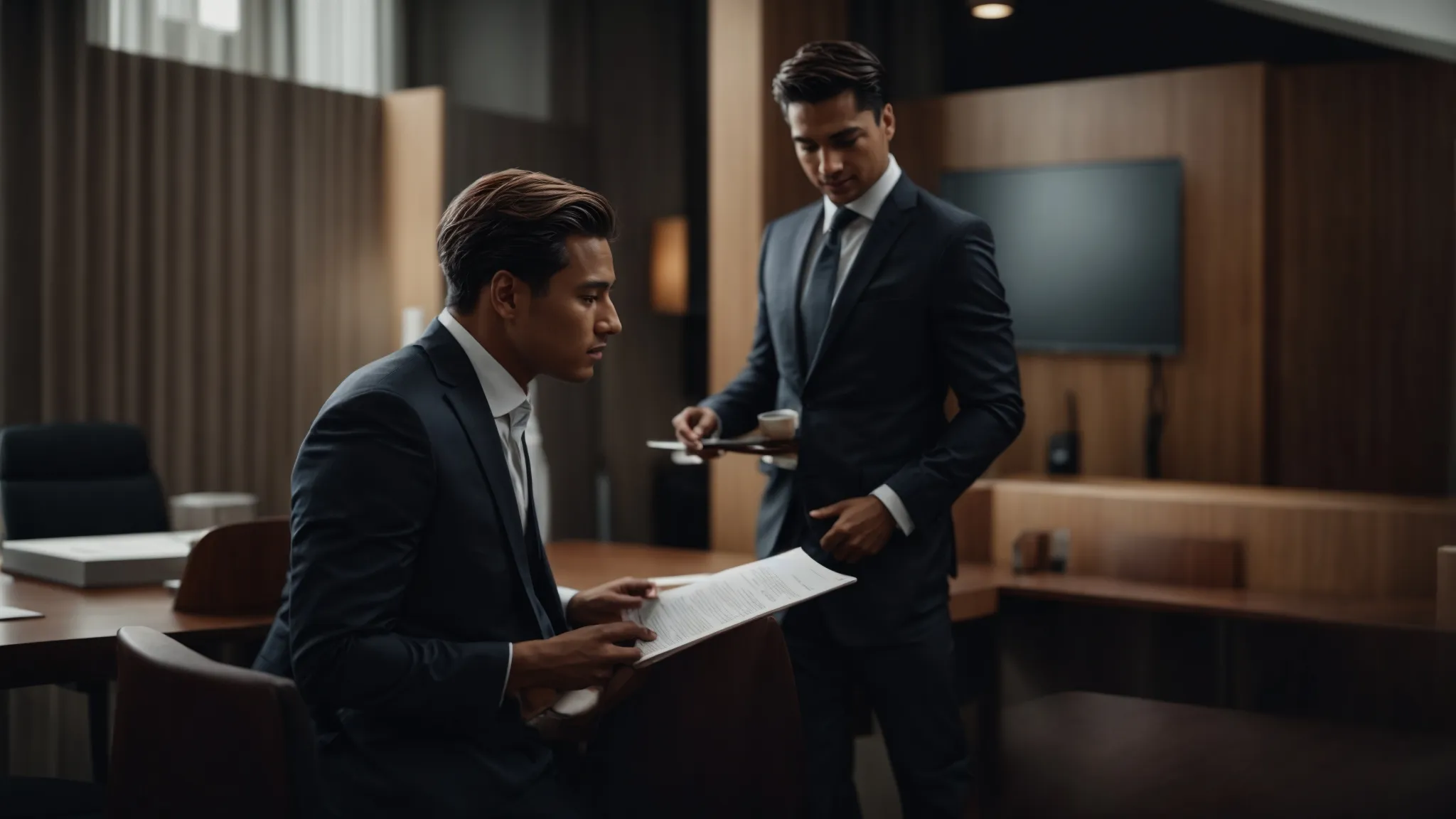 a person in a business suit confidently discussing with another individual in a professional setting.