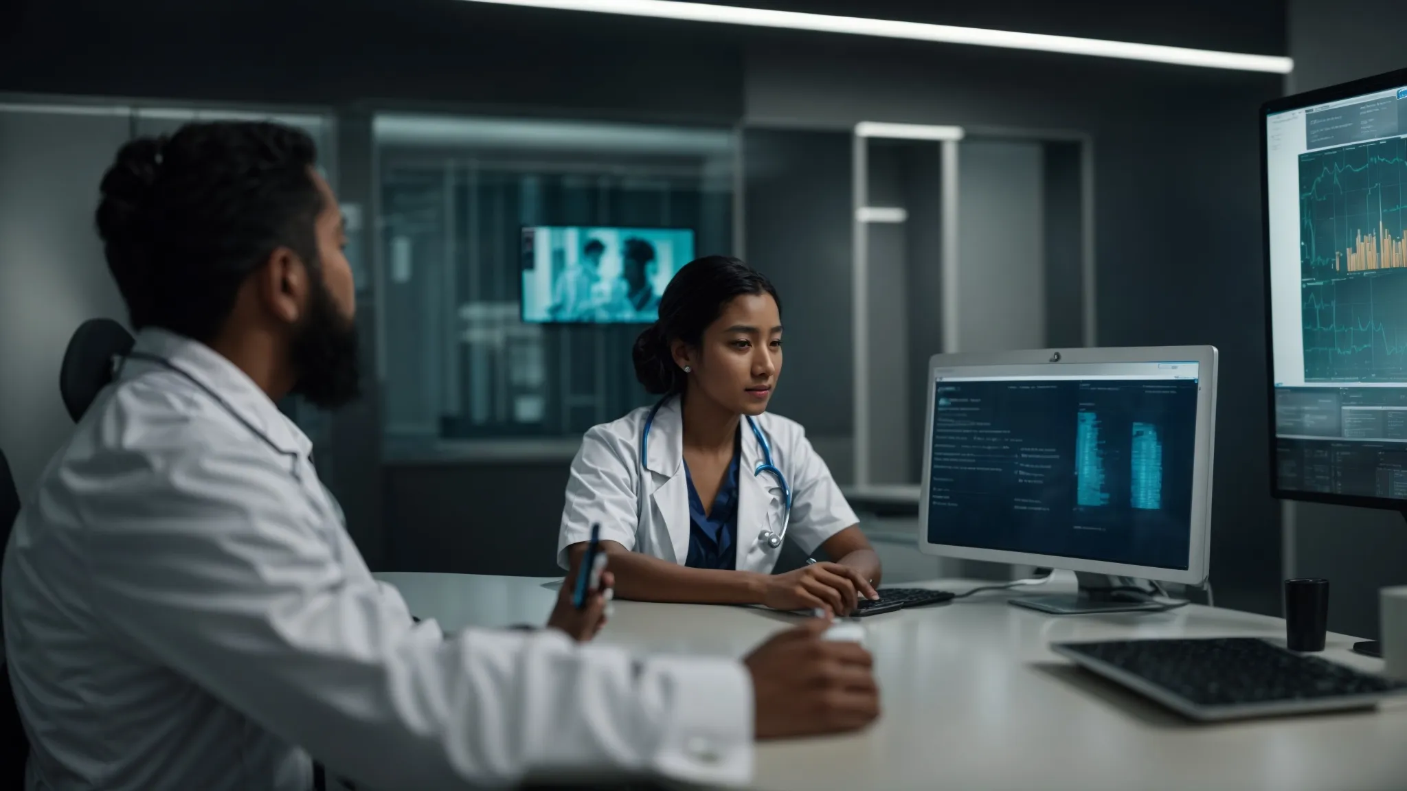 a doctor in a modern clinic consults a patient while an ai interface on a computer screen processes their conversation in the background.